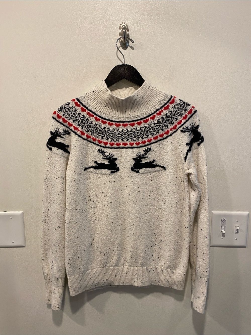 LOFT Reindeer Fair Isle Heart Holiday Sweater Size Small Mock Neck Christmas